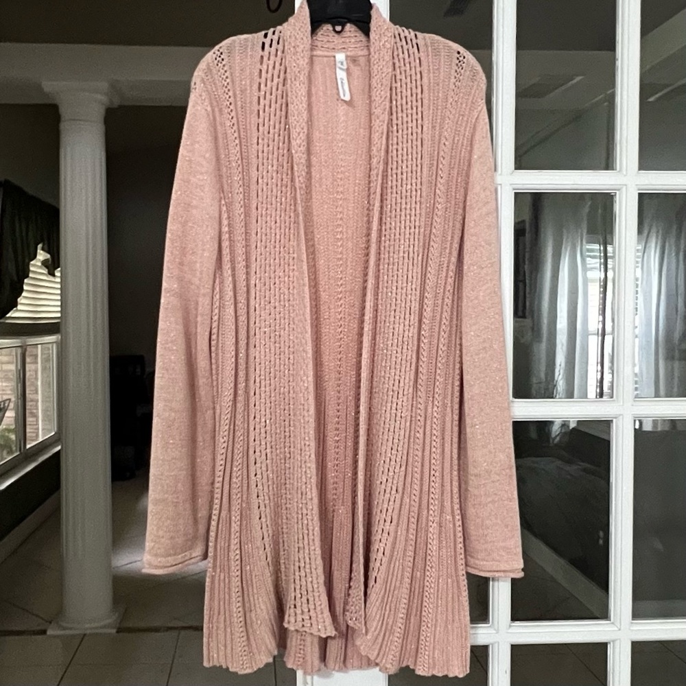 Sweater/cardigan, peach/blush with a gorgeous rose gold thread weaved throughout